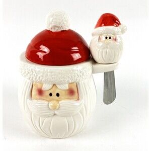 Christmas Santa Jelly Jar w/ spreader Ceramic Whimsical 6 1/2in tall Decorative